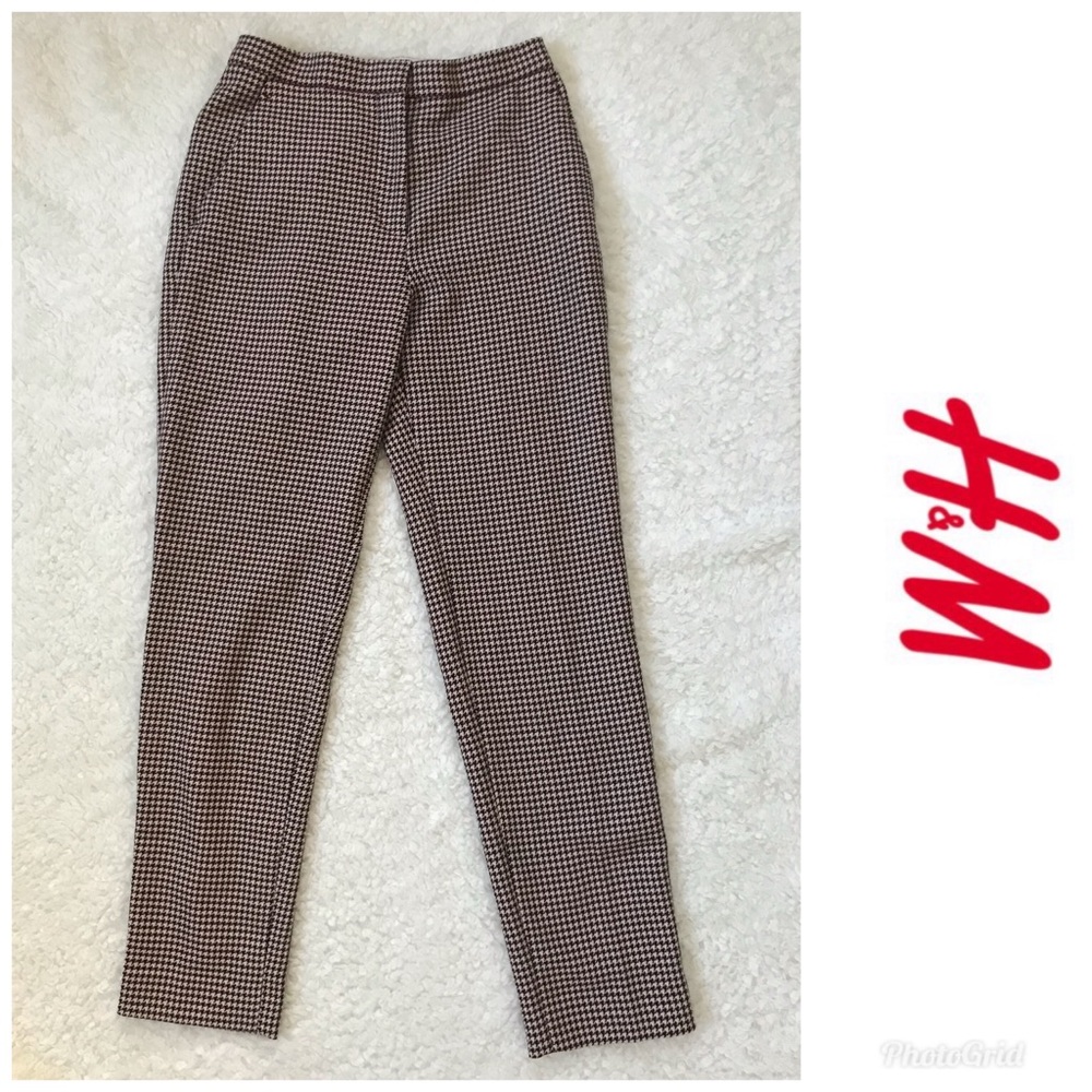 Burgundy and White Houndstooth Skinny Dress Pants